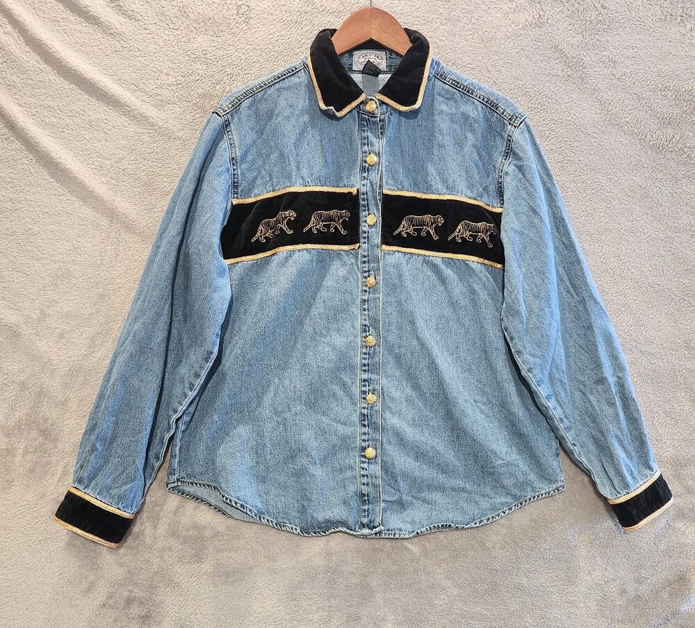 Carolina Blues Womens Vintage Denim Gold Elephant Button Up Blouse Size 16